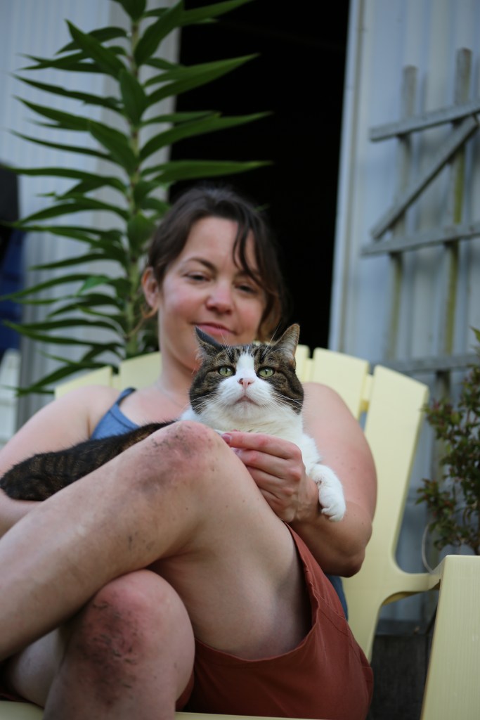 A restful moment after working in the yard.